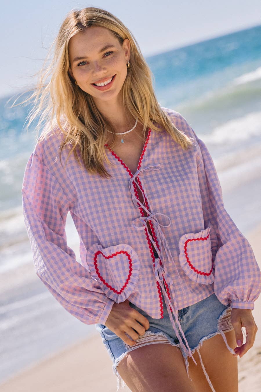 Colorful Gingham Front Tie Blouse